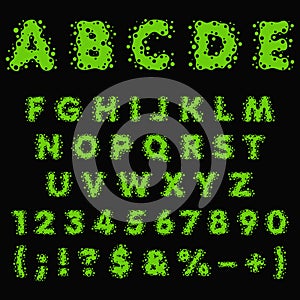 Alphabet, letters, numbers and signs made of green slime, liquid. Isolated colored vector objects.